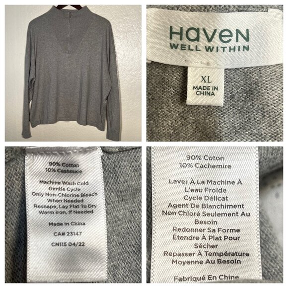 Haven Well Within Gray Mock Neck Sweater Top XL 90% Cotton 10% Cashmere flaw - Picture 10 of 16